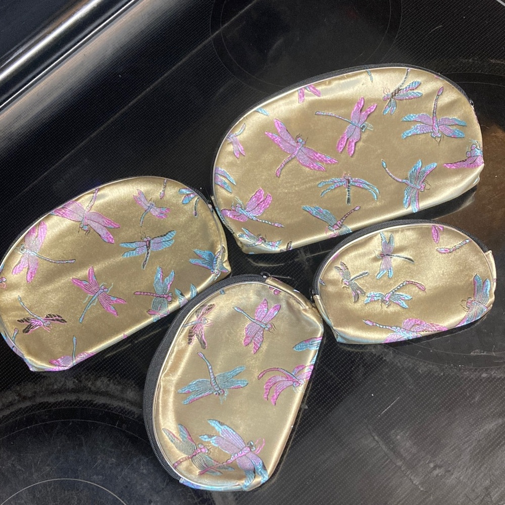 Gold Dragonfly Print Cosmetic Bag Set